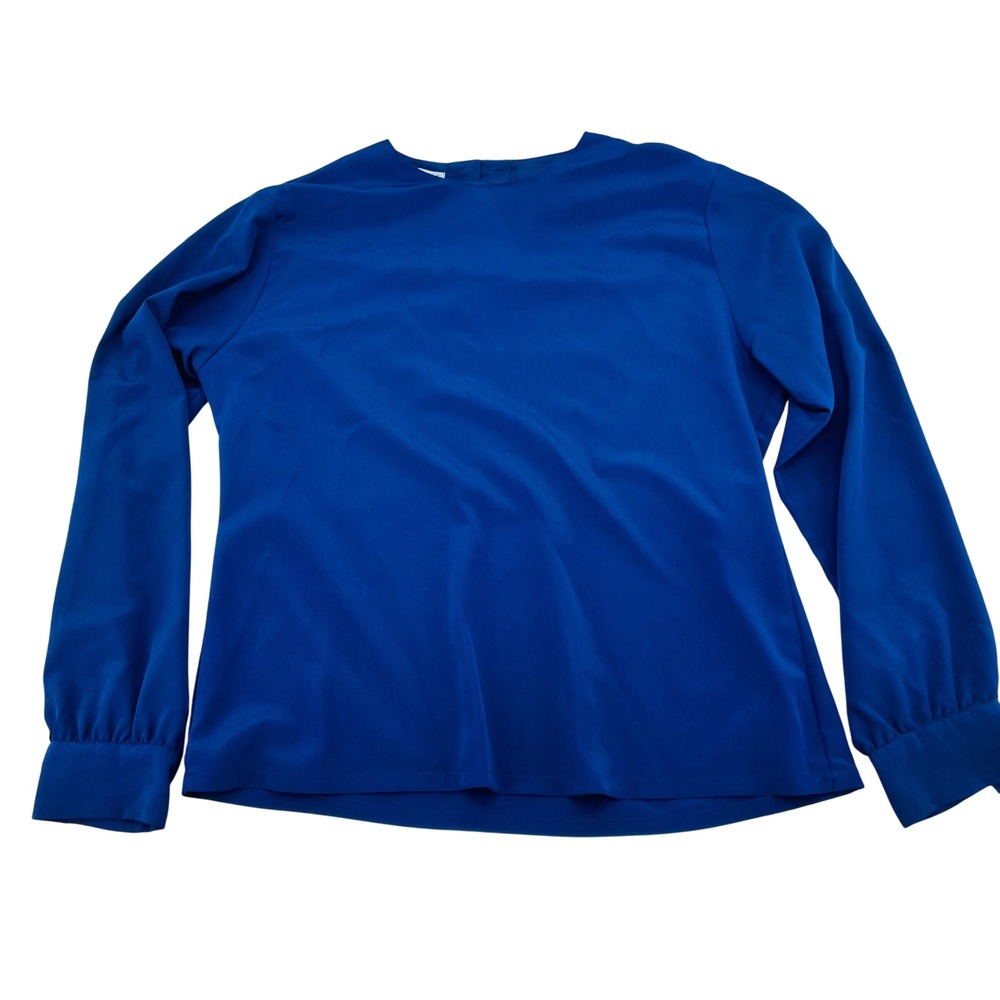 Royal Blue Long Sleeve‎ Vintage Blouse Crew Neck Pleated Cuff Top